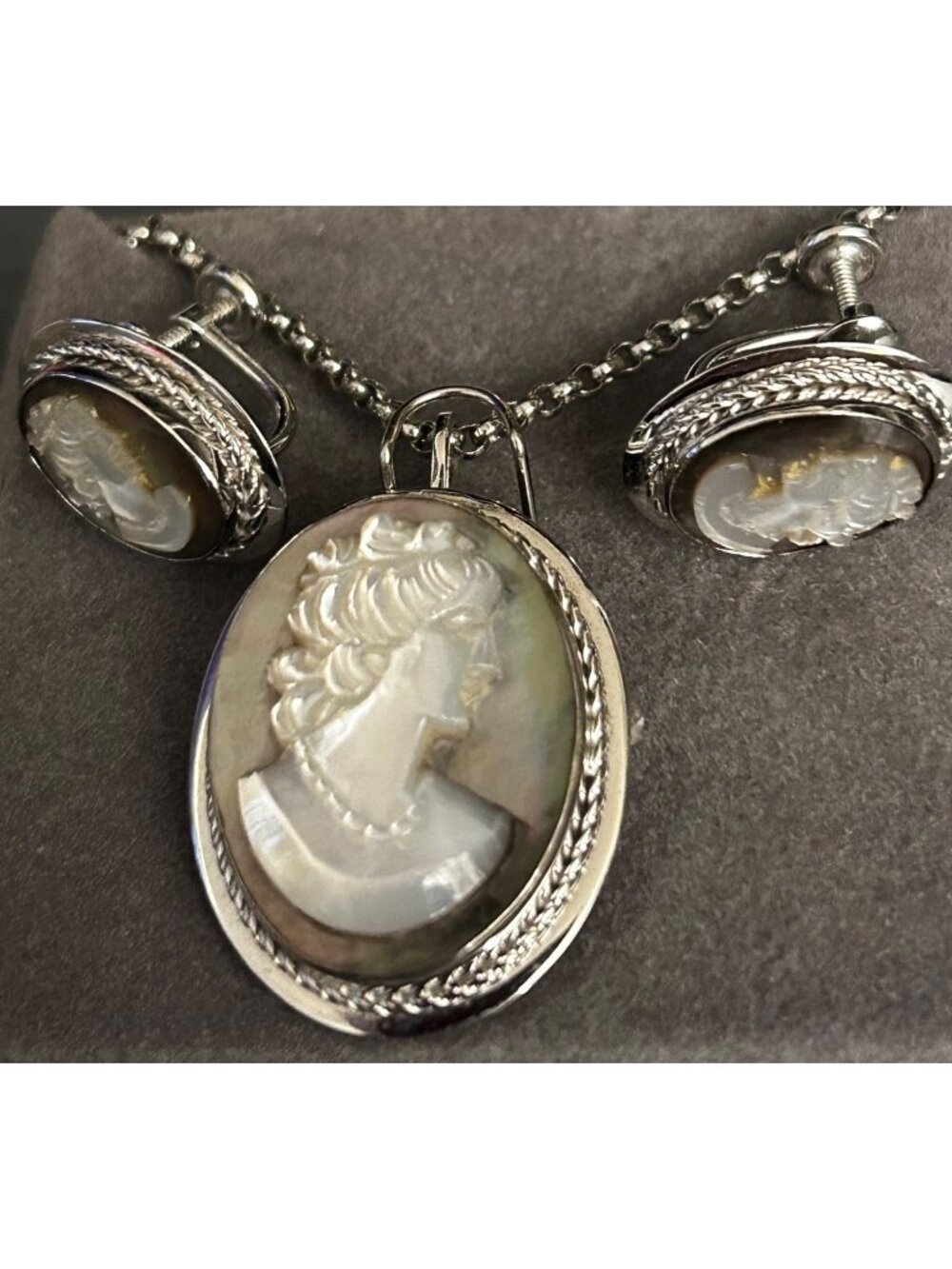Van Dell Sterling Silver Vintage Cameo Necklace Brooch Earrings Set Glass Relief